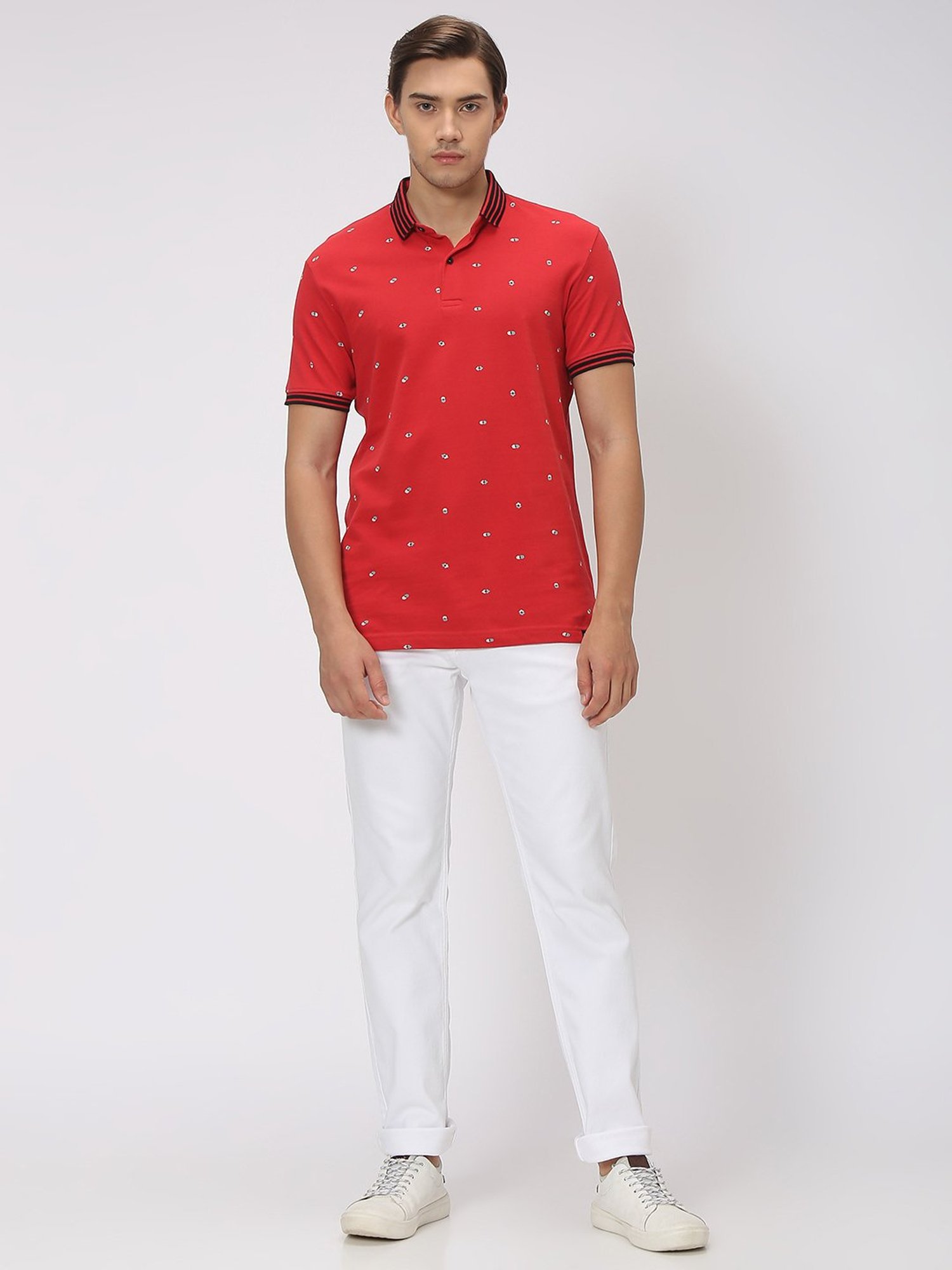 Mufti Red Slim Fit Printed Cotton Polo T-Shirt