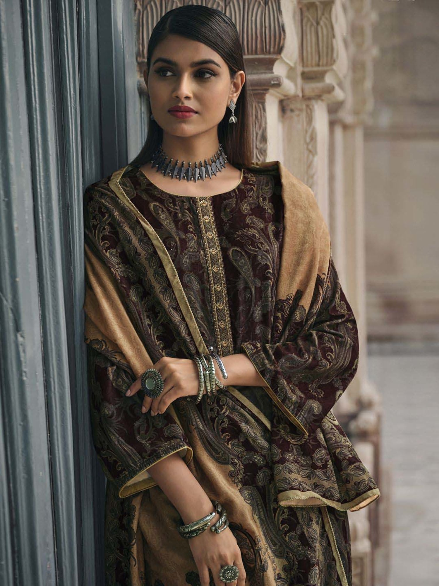 Stylee LIFESTYLE Brown Printed Unstitched Dress Material