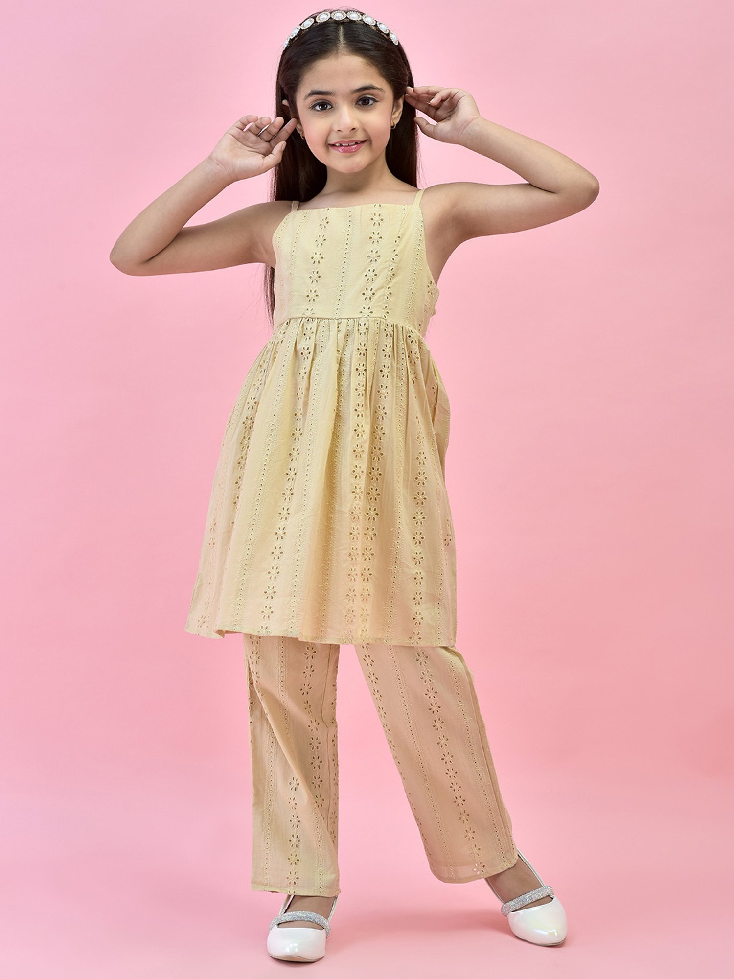 Juniper Girls Beige Self Design Kurta With Pants