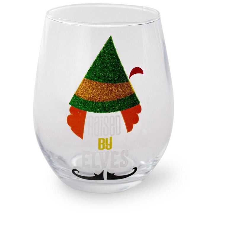Silver Buffalo Buddy the Elf "Raised By Elves" Stemless Glitter Glass | Holds 20 Ounces