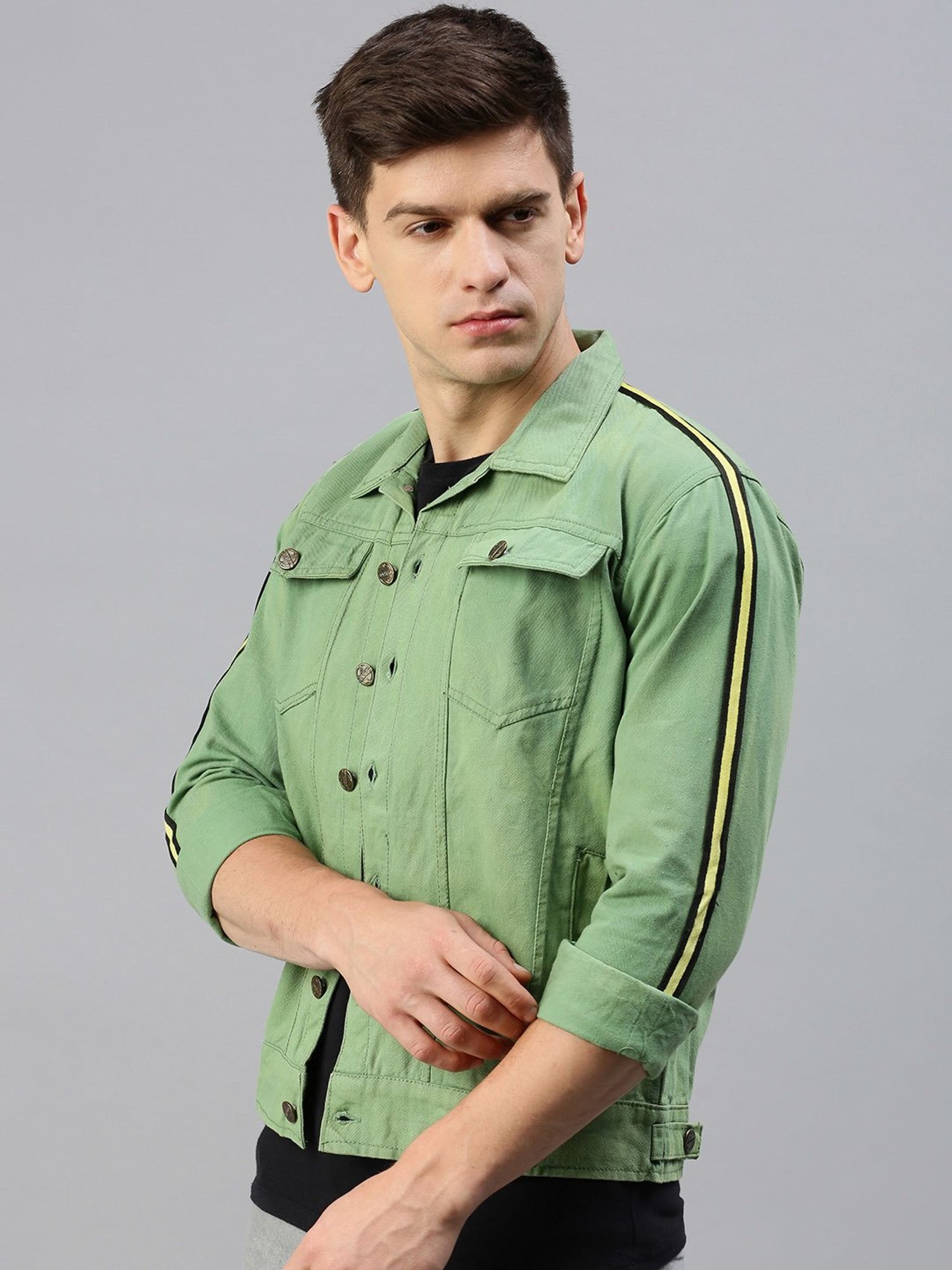 VOXATI Green Regular Fit Shirt Collar Denim Jacket