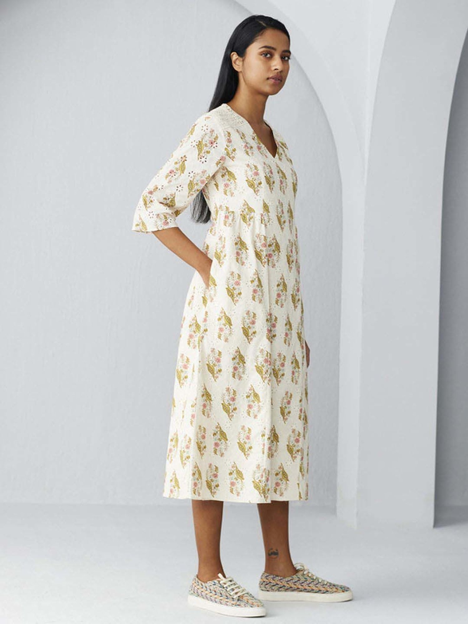 Ancestry White Cotton Embroidered A-Line Dress