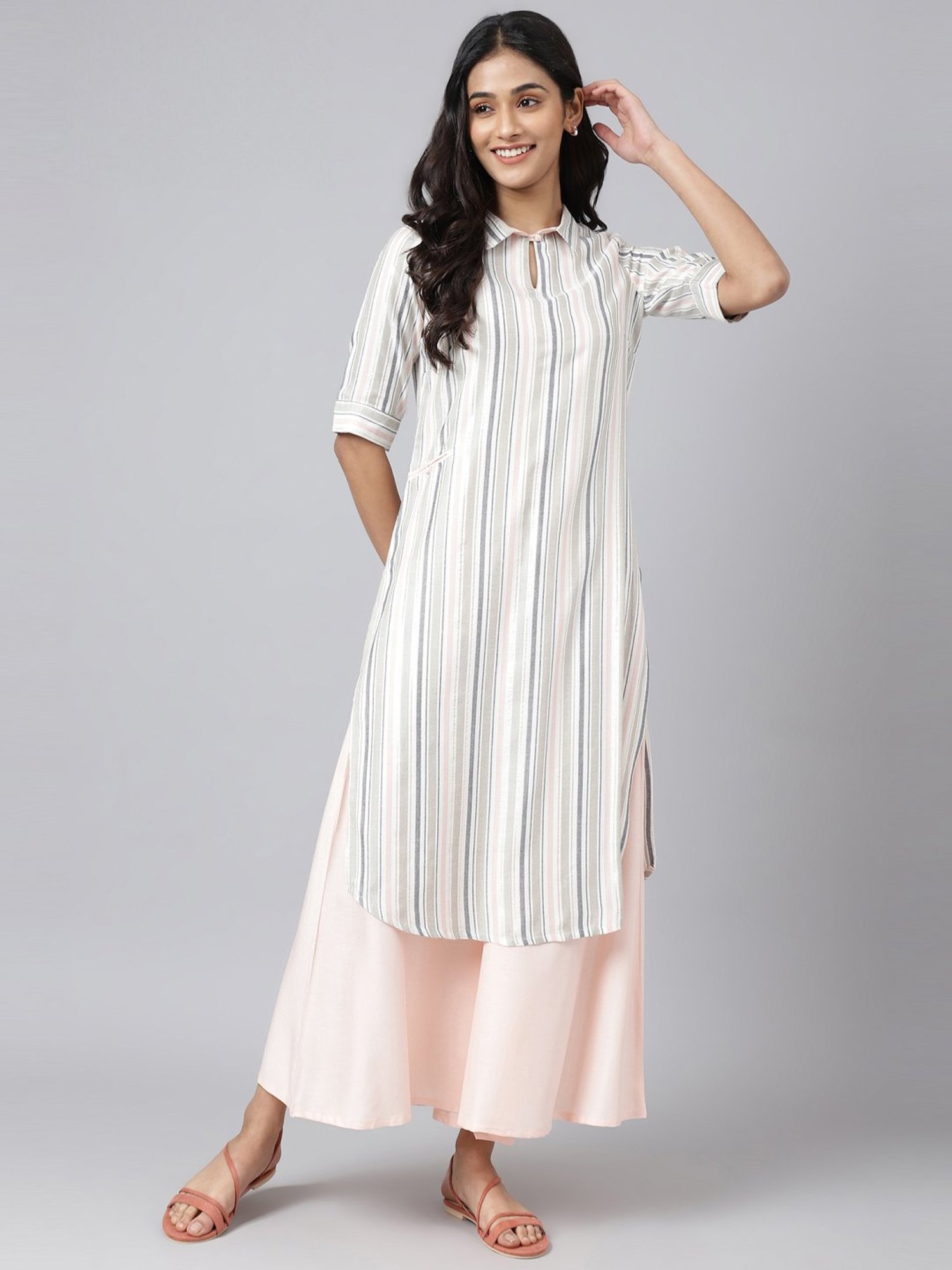 Aurelia Women White Striped Rayon Kurta Set with Culottes