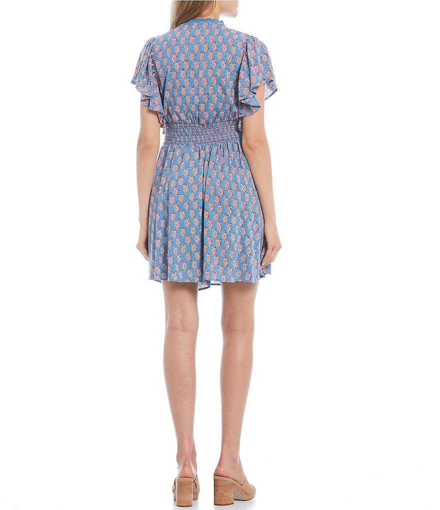 Angie Twin Print Flutter Sleeve Smocked Dress
