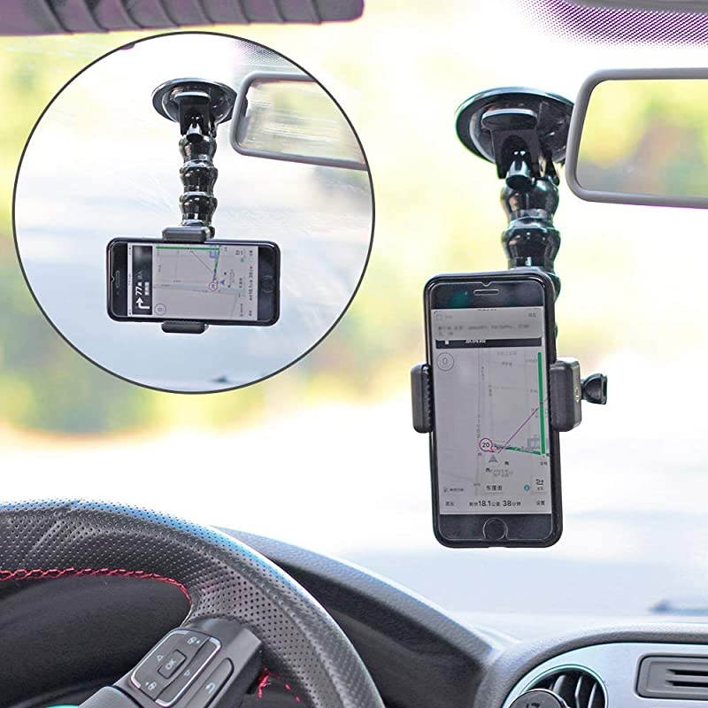 Gooseneck Extension Suction Cup Car Mount Holder with Phone Holder for GoPro Hero 98765 Black4 Session4 Silver3+iPhoneSamsung GalaxyGoogle Pixel and More