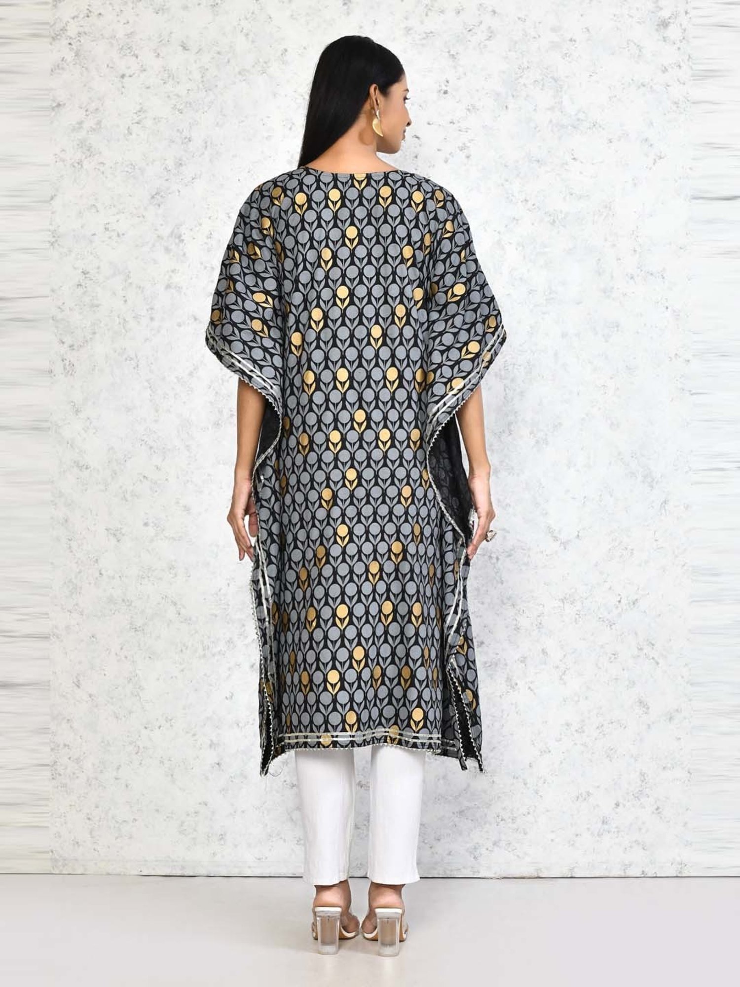 Miravan Black & Grey Cotton Embroidered A Line Kaftan