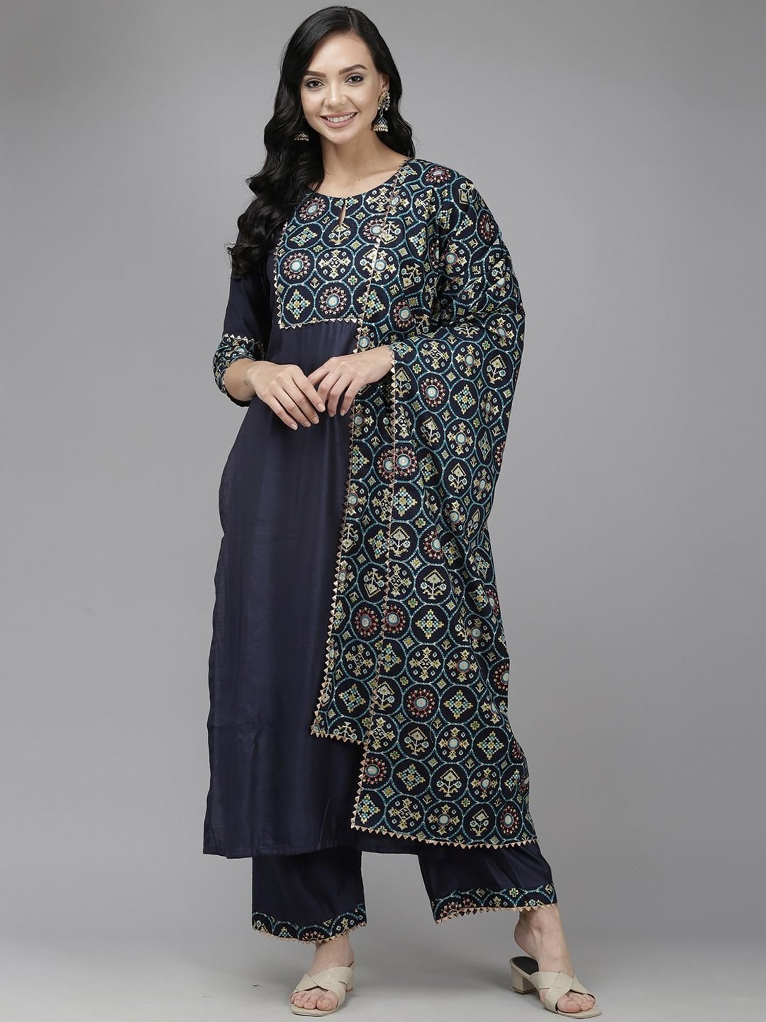 Indo Era Navy Printed Kurta Palazzo Set With Dupatta