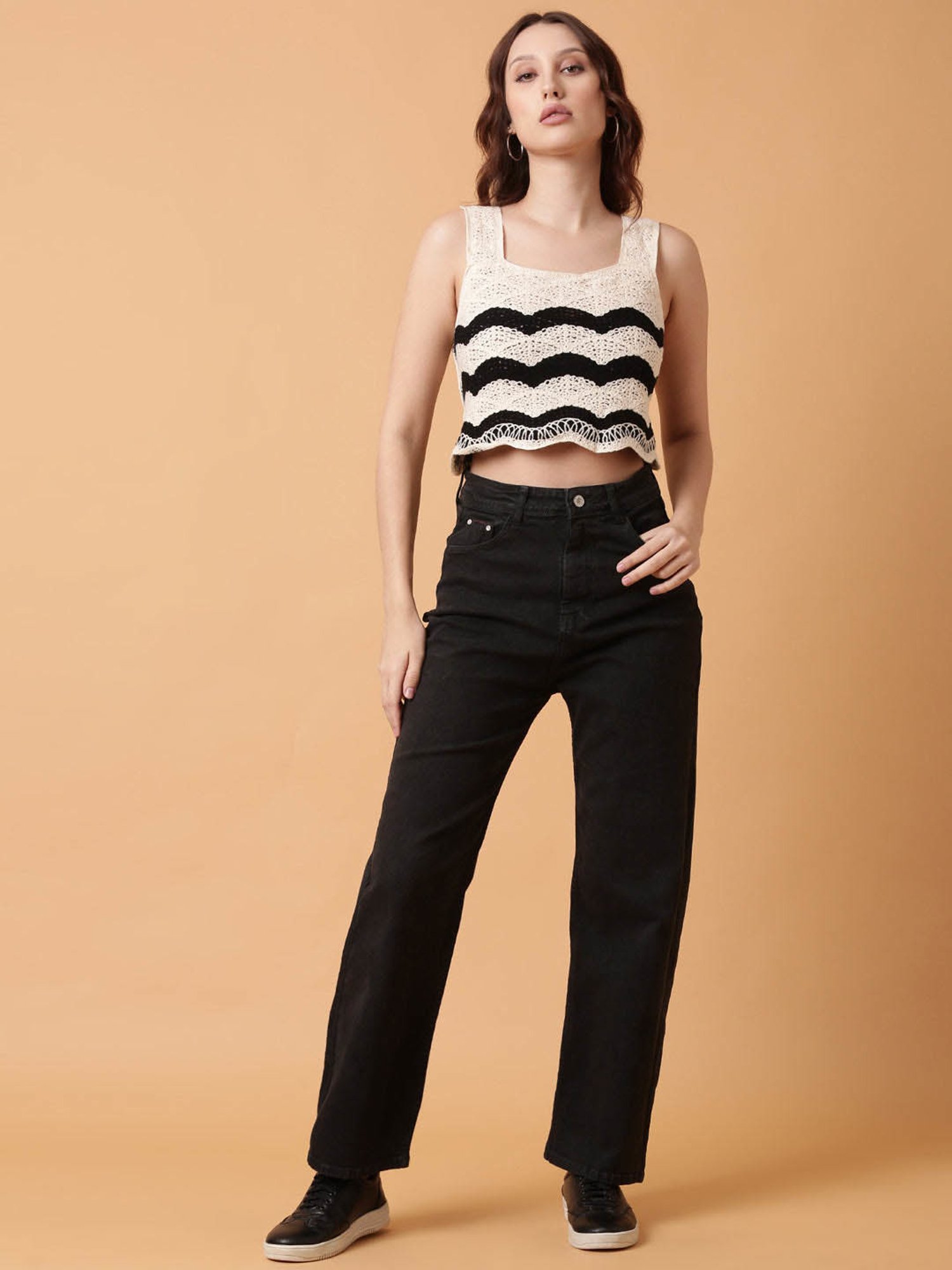 SHOWOFF Beige Self Design Crop Top