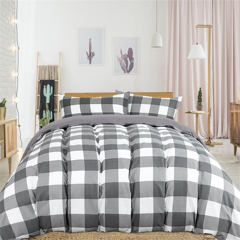3 Pcs Microfiber Checkered Bedding Sets King Black and White - PiccoCasa