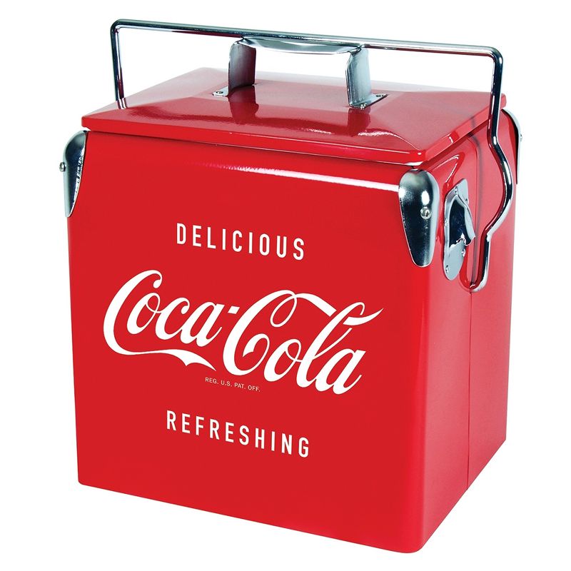 Koolatron CBVIC-13 Official Coca Cola Design 14 Quart 13 Liter Drink Cooler Metal Exterior with Built-In Bottle Opener