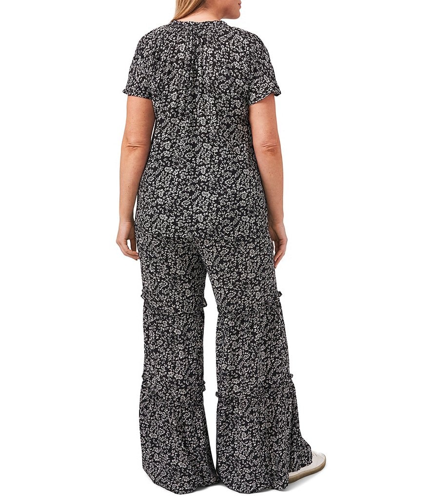 CeCe Plus Size Short Sleeve Ditsy Floral Tie Split V-Neck Top