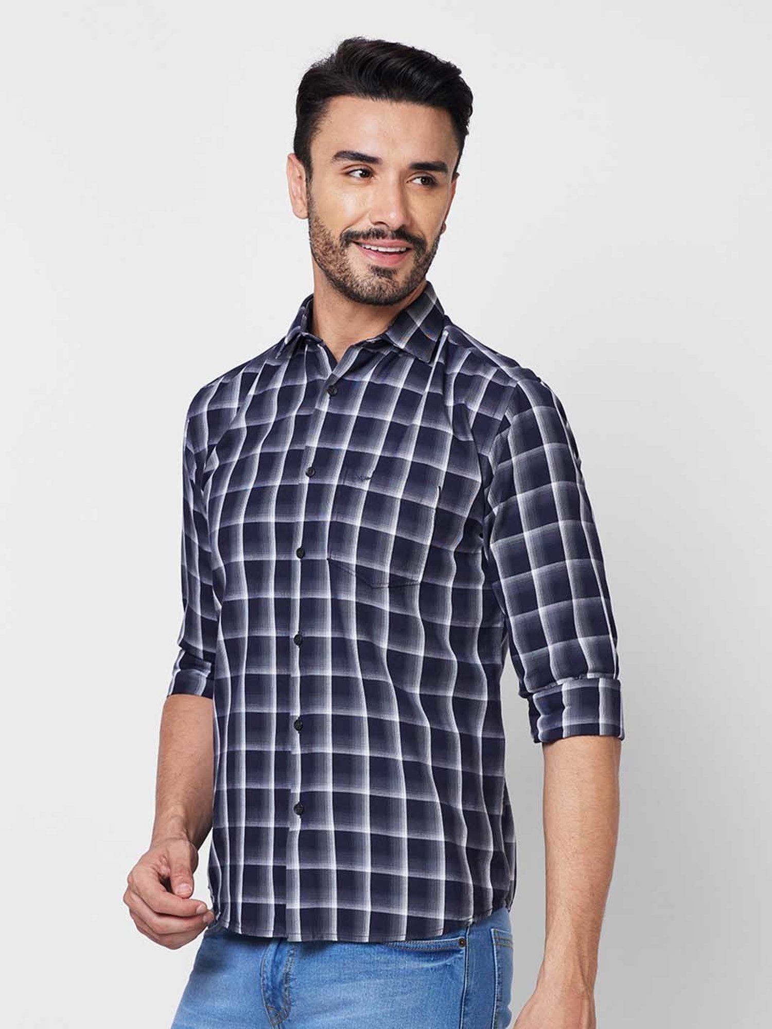 Park Avenue Dark Blue Slim Fit Check Shirt