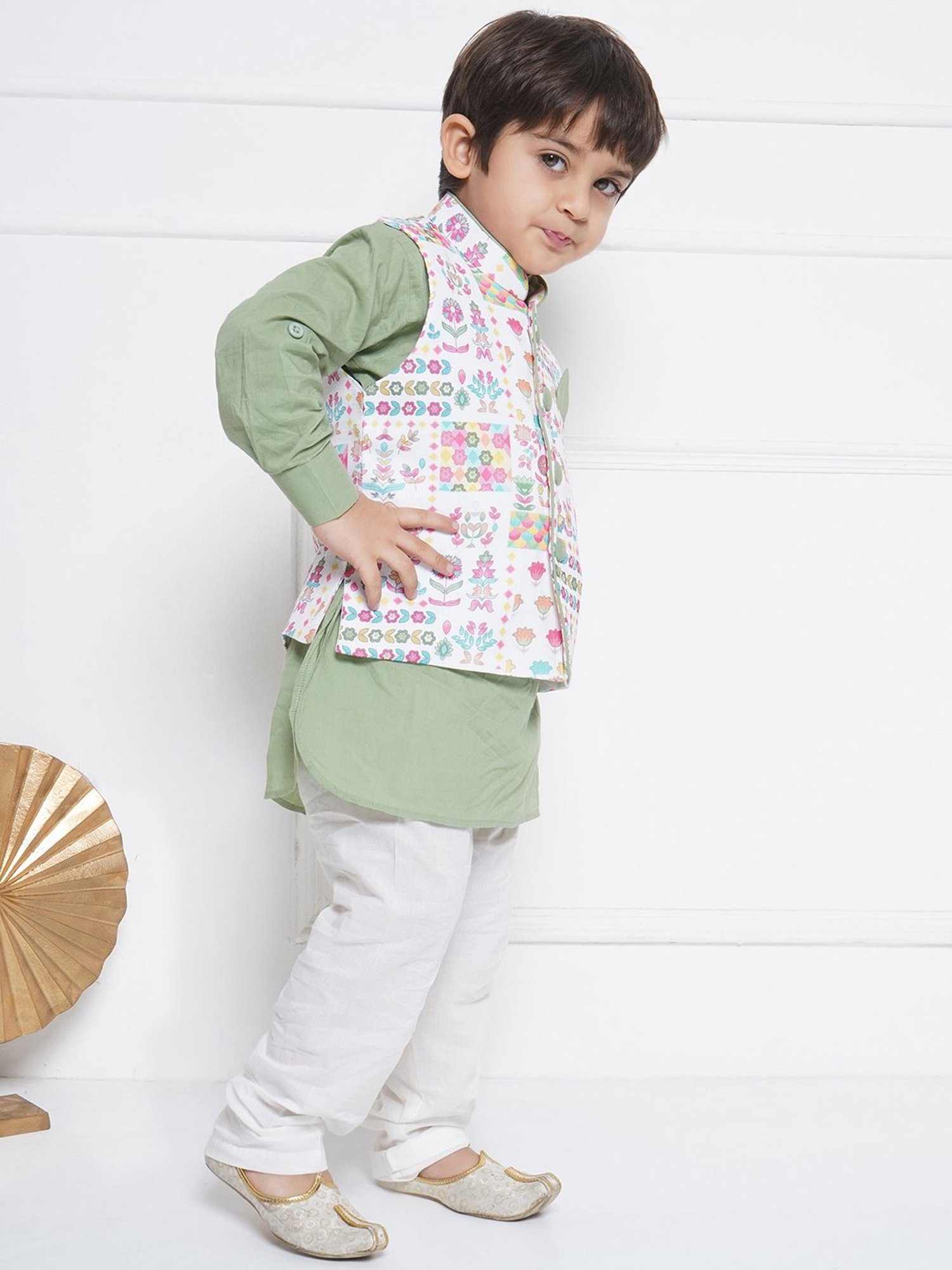 AJ Dezines Kids Green & White Printed Full Sleeves Kurta, Pyjamas with Waistcoat