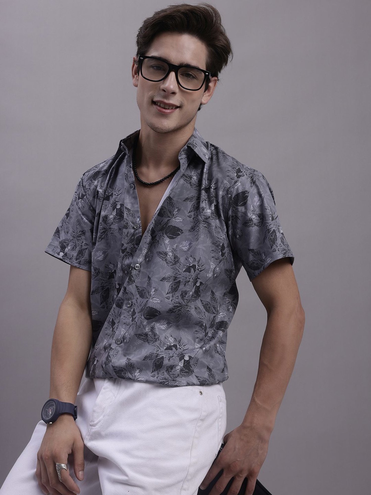 Jainish Charcoal Regular Fit Floral Print Shirt