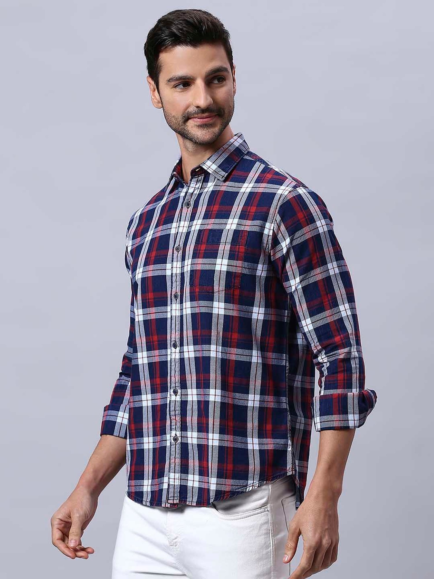HJ HASASI Blue Slim Fit Check Cotton Shirt