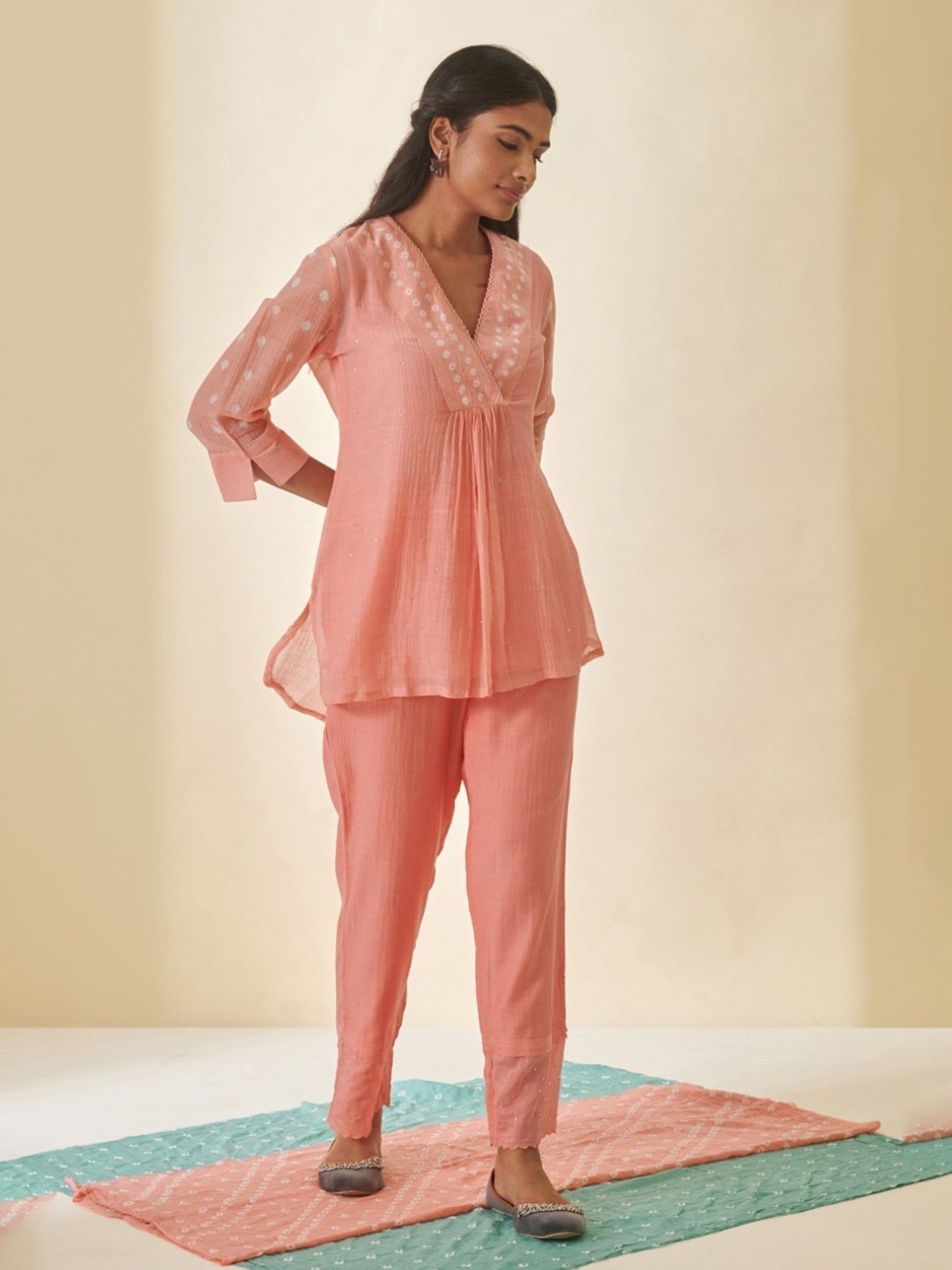 Prakriti Jaipur Peach Bandhej Bandhani V-neck Shirt