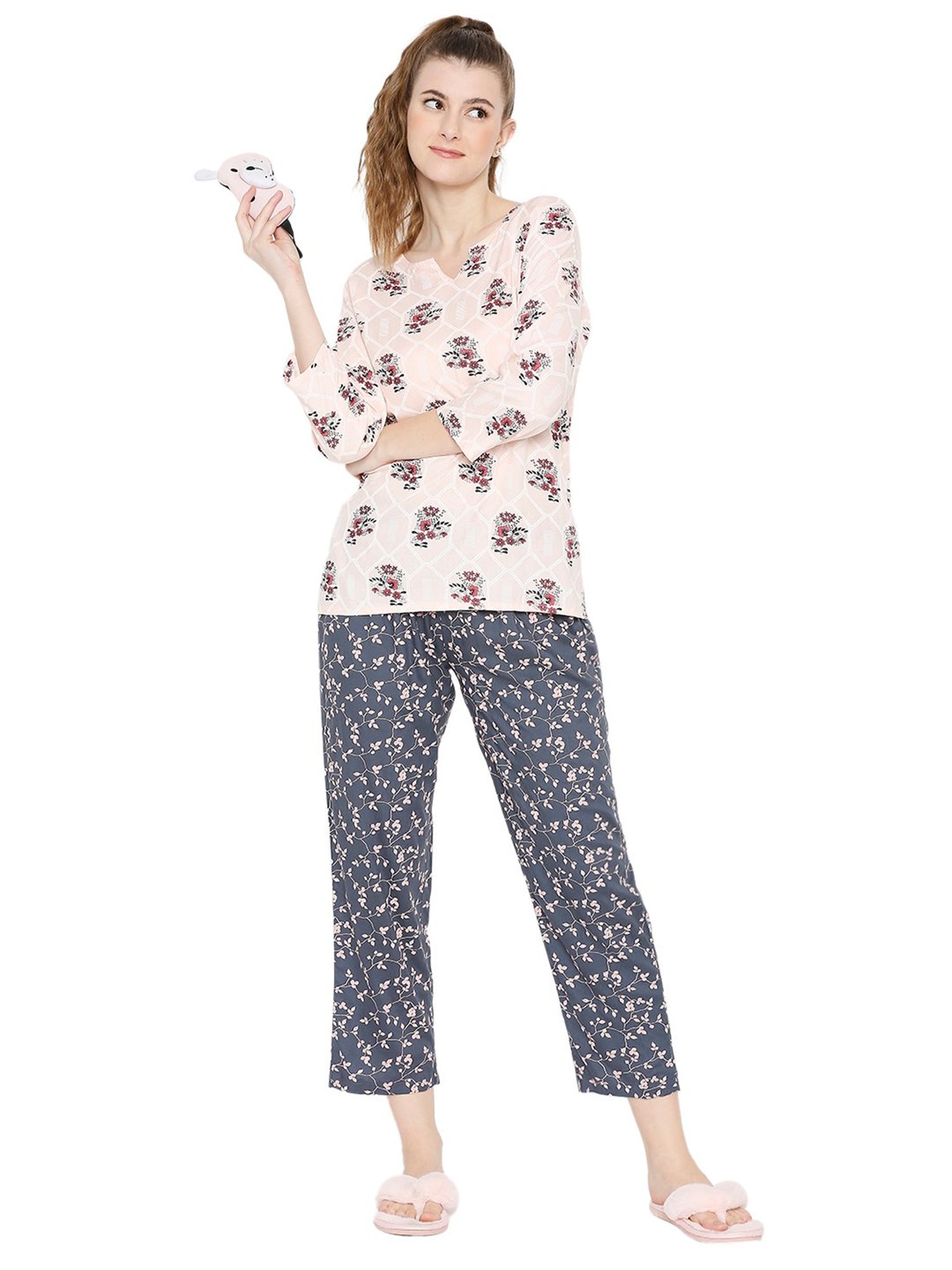 Smarty Pants Light Pink & Grey Cotton Floral Top With Pyjamas