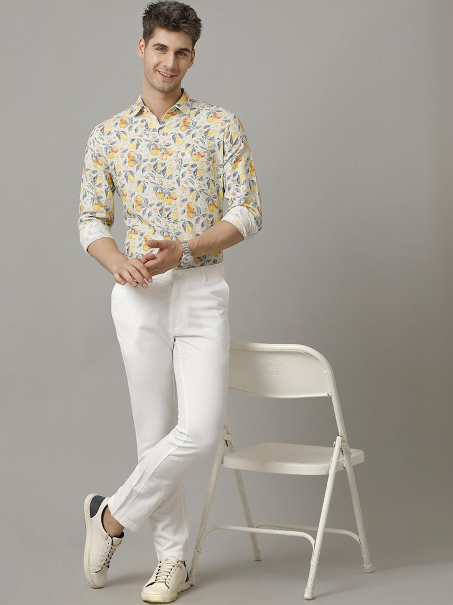 Linen Club Yellow Linen Contemporary Fit Printed Shirt