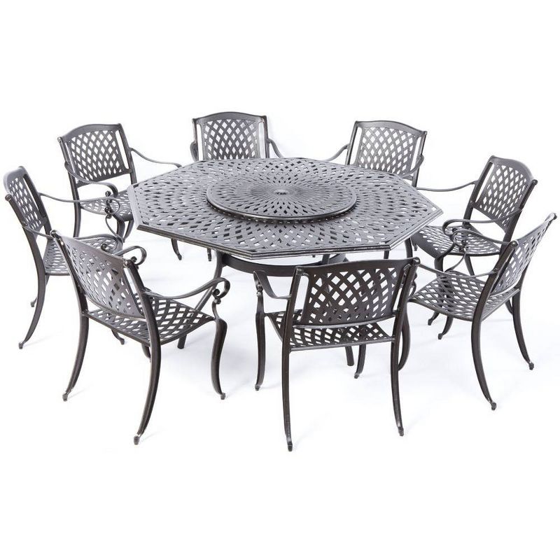 Westbury Cast Aluminum Dining Set with Umbrella Hole Octagonal Table & 8 Stackable Arm Chairs - Alfresco Home