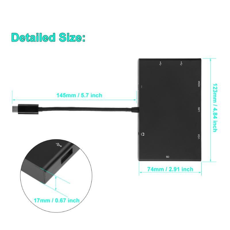 Type-C 8 in 1 USB-C to 4K HDMI VGA LAN SD Slot Female Adapter Audio 3.5mm Type-C USB 3.0x2 Converter Adapter for PC Laptop