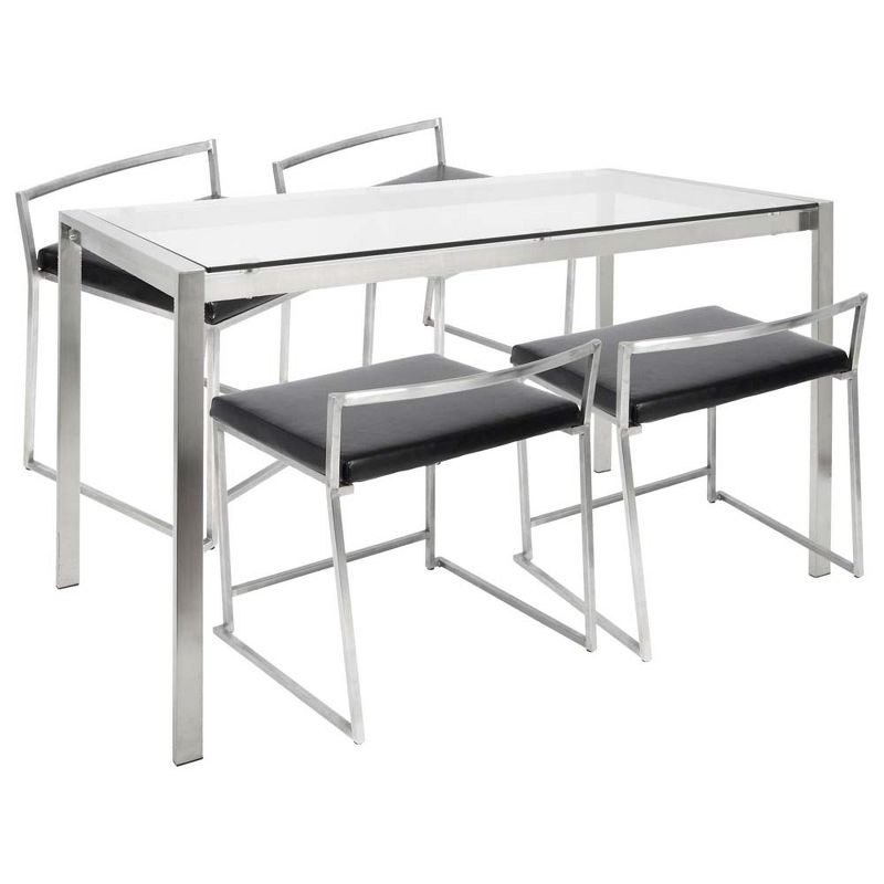 Fuji 5-Piece Contemporary Dining Set in Stainless Steel and Black Faux Leather - LumiSource
