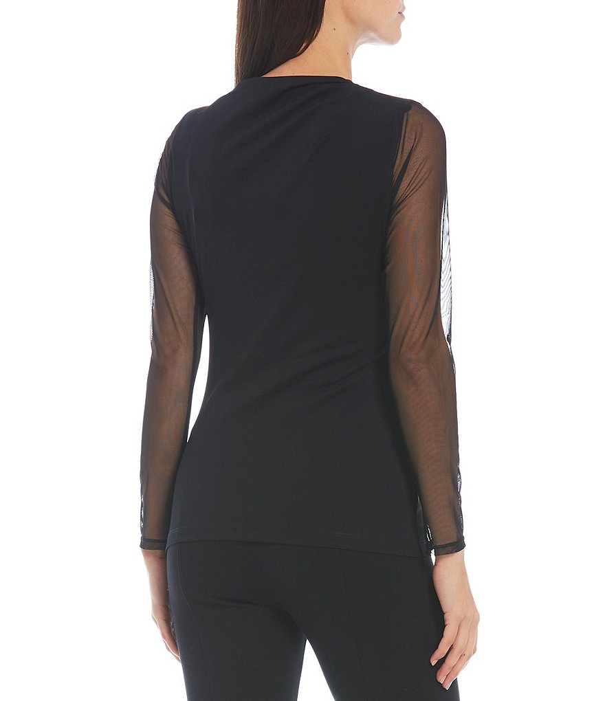 Donna Karan New York Drape Neck Long Mesh Sleeve Asymmetric Ruched Crepe Jersey Top