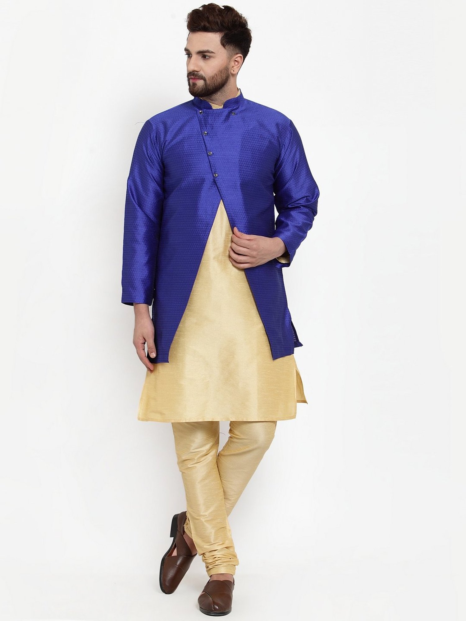 Benstoke Gold & Royal Blue Regular Fit Self Pattern Kurta Set With Jacket