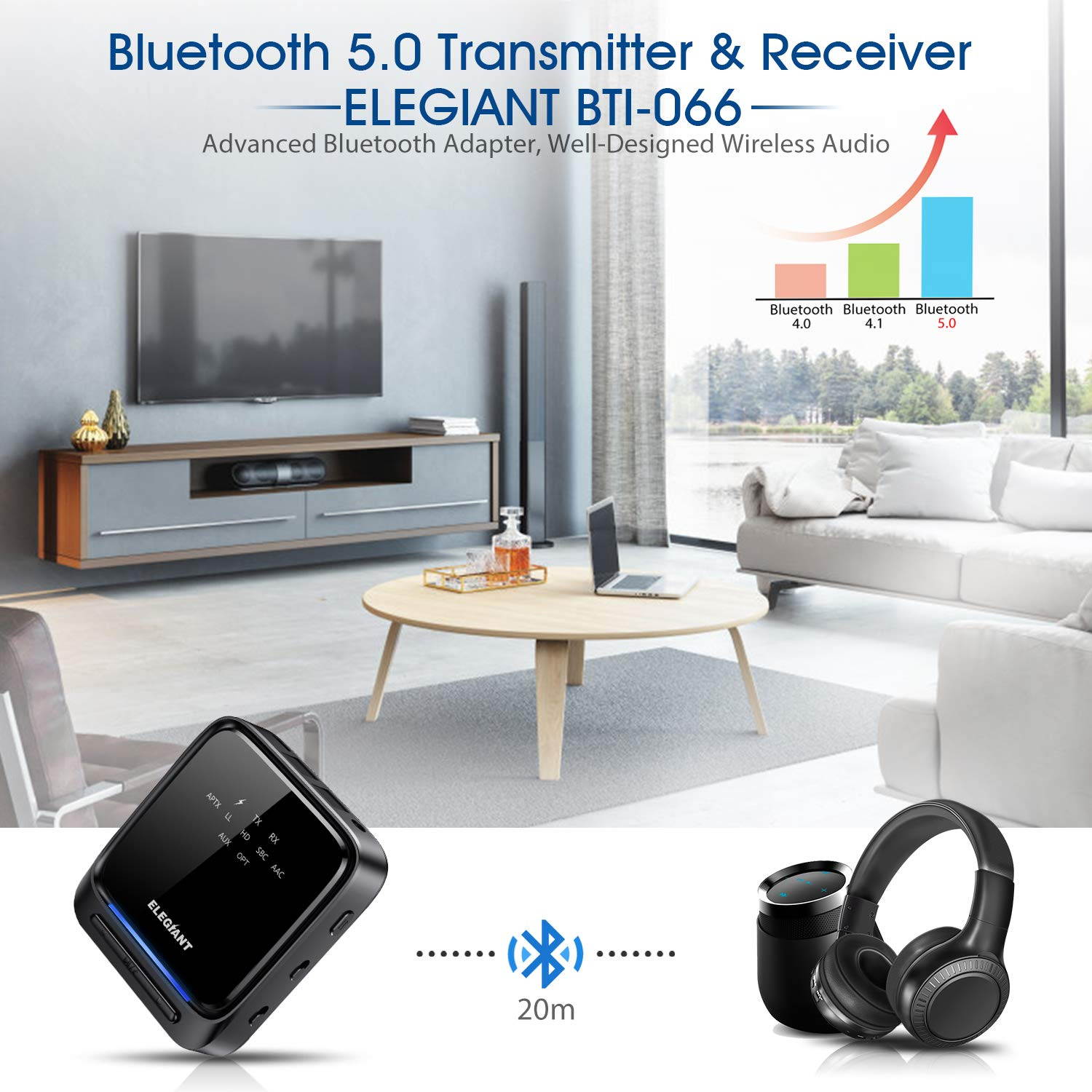 ELEGIANT Bluetooth 5.0 Transmitter Receiver Wireless Audio Adapter Pair 2 Headphones at Once aptX HD/aptX LL Built-in Microphone LED Indicator, Optical TOSLINK 3.5mm AUX RCA for TV Home Stereo System