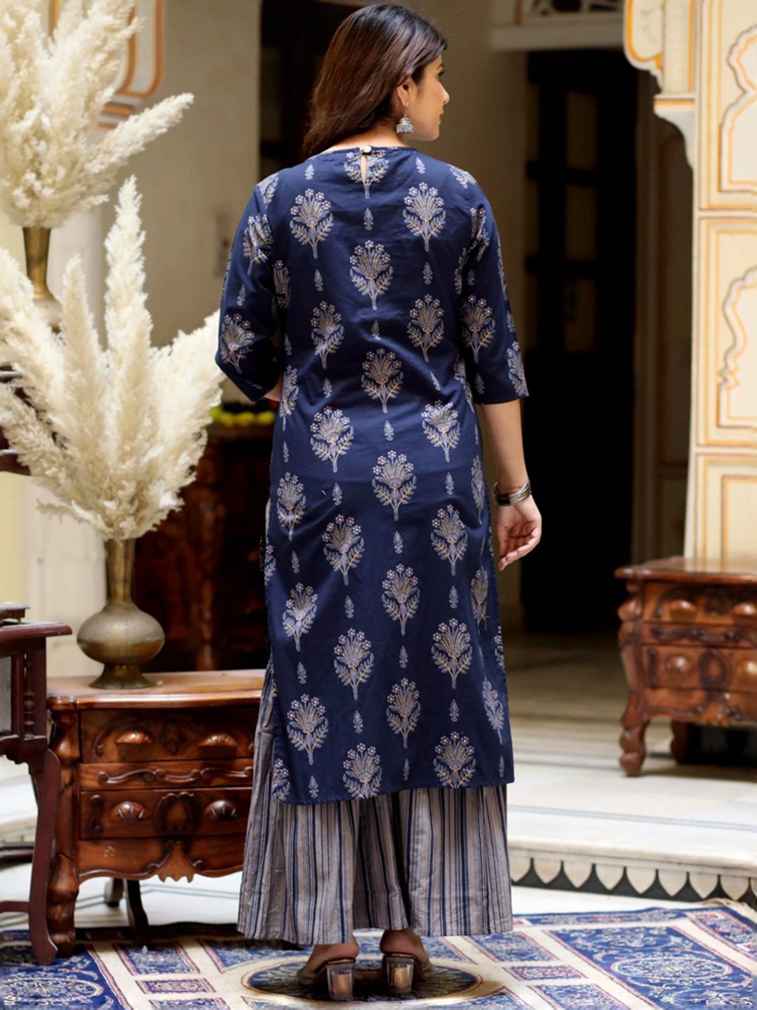 Miravan Blue Cotton Floral Print Kurta Sharara Set