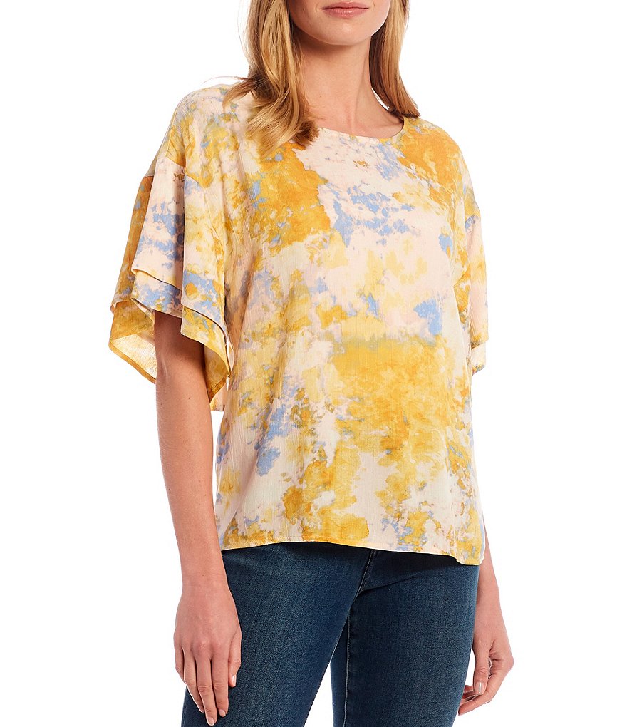Bobeau Yellow Tie Dye Jewel Neck Double Ruffle Sleeve Top