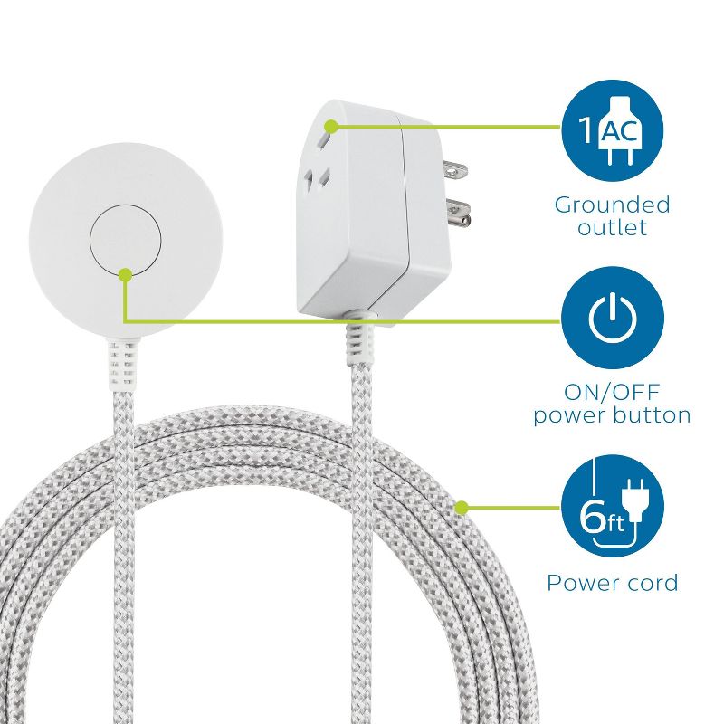 Cordinate 6' Grounded Power Switch Tether on/off Braided Cord White
