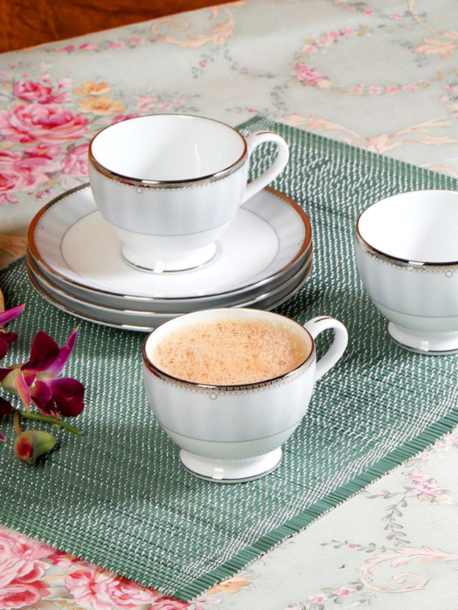 NORITAKE Hearth Off-White & Light Grey Porcelain 0.215 L Tea Set (6 Tea Cups & 6 Tea Saucers)