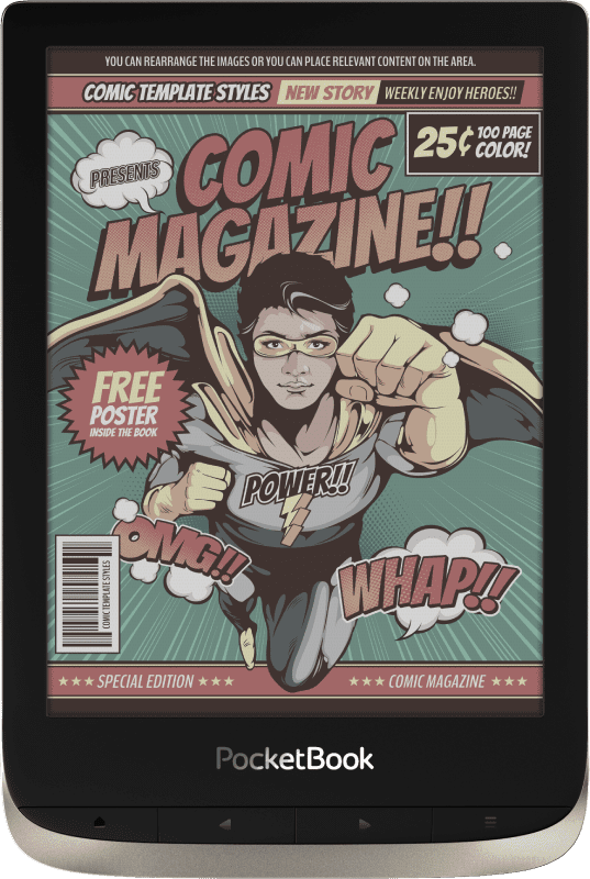 PocketBook Color (Moon Silver). Display: 6" E Ink Kaleido&trade;; Dual Core (2&times;1 GHz); RAM: 1 GB; Flash memory: 16 GB; Wi-Fi; Bluetooth; Audio; Frontlight; Touchscreen; Battery: 1900 mAh (Li-Ion Polymer).