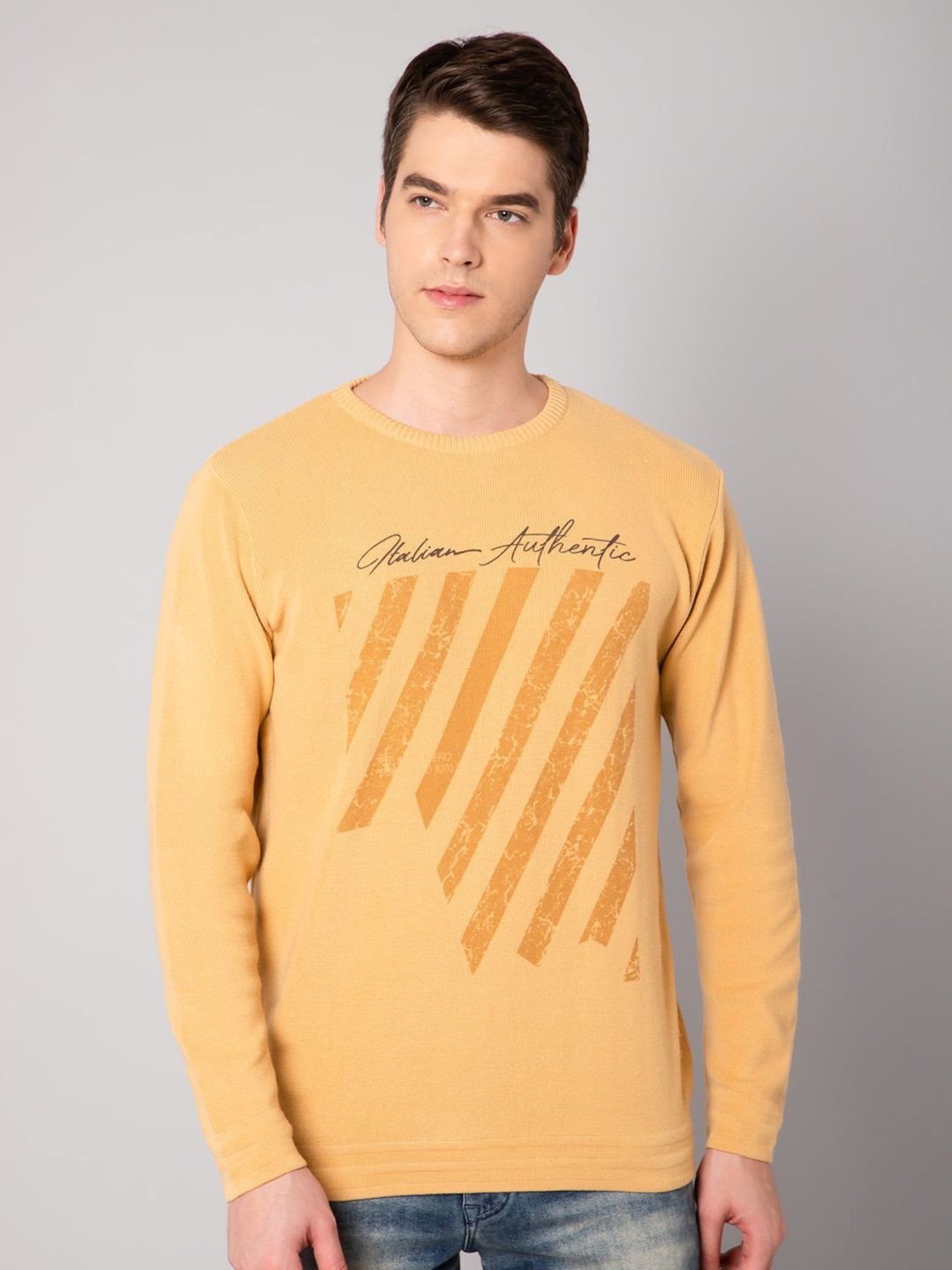 Cantabil Mustard Regular Fit Printed Sweater