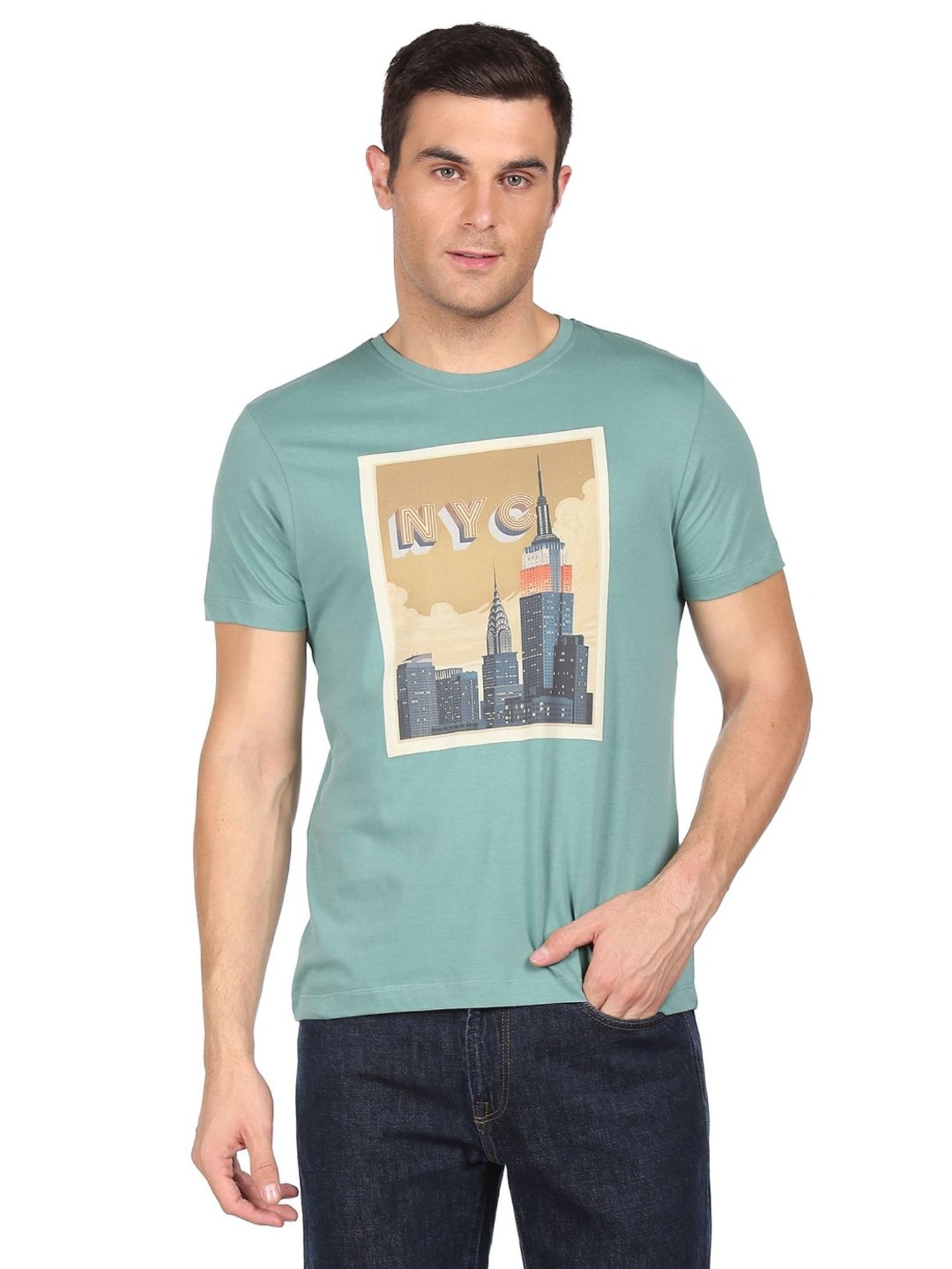Arrow New York Green Cotton Regular Fit Printed T-Shirt