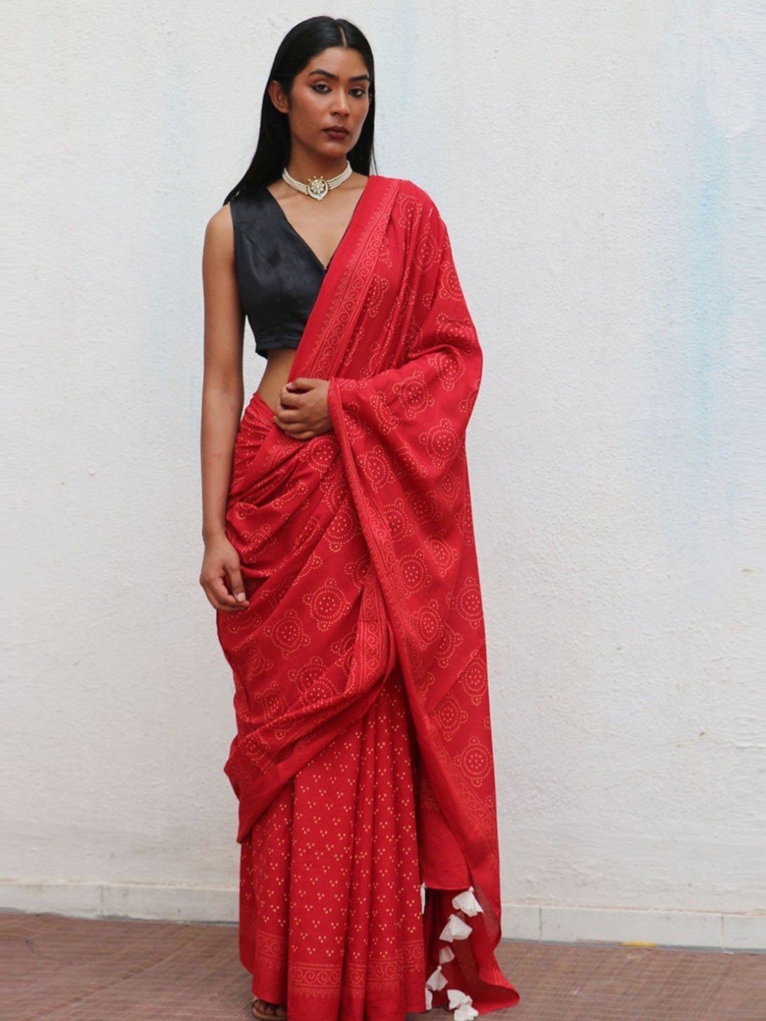 Chidiyaa Red Fly Me to the Moon Colossus Handblockprinted Cotton Saree