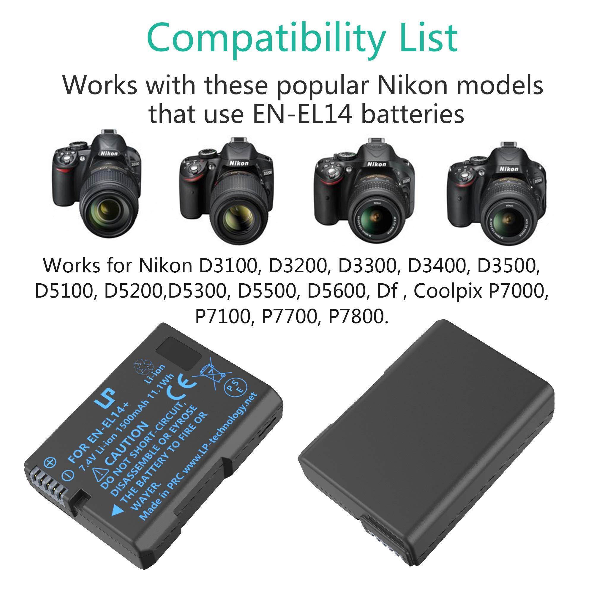LP EN-EL14 EN EL14a Battery, Compatible with Nikon D3100, D3200, D3300, D3400, D3500, D5100, D5200, D5300, D5500, D5600, DF, P7000, P7700 & More