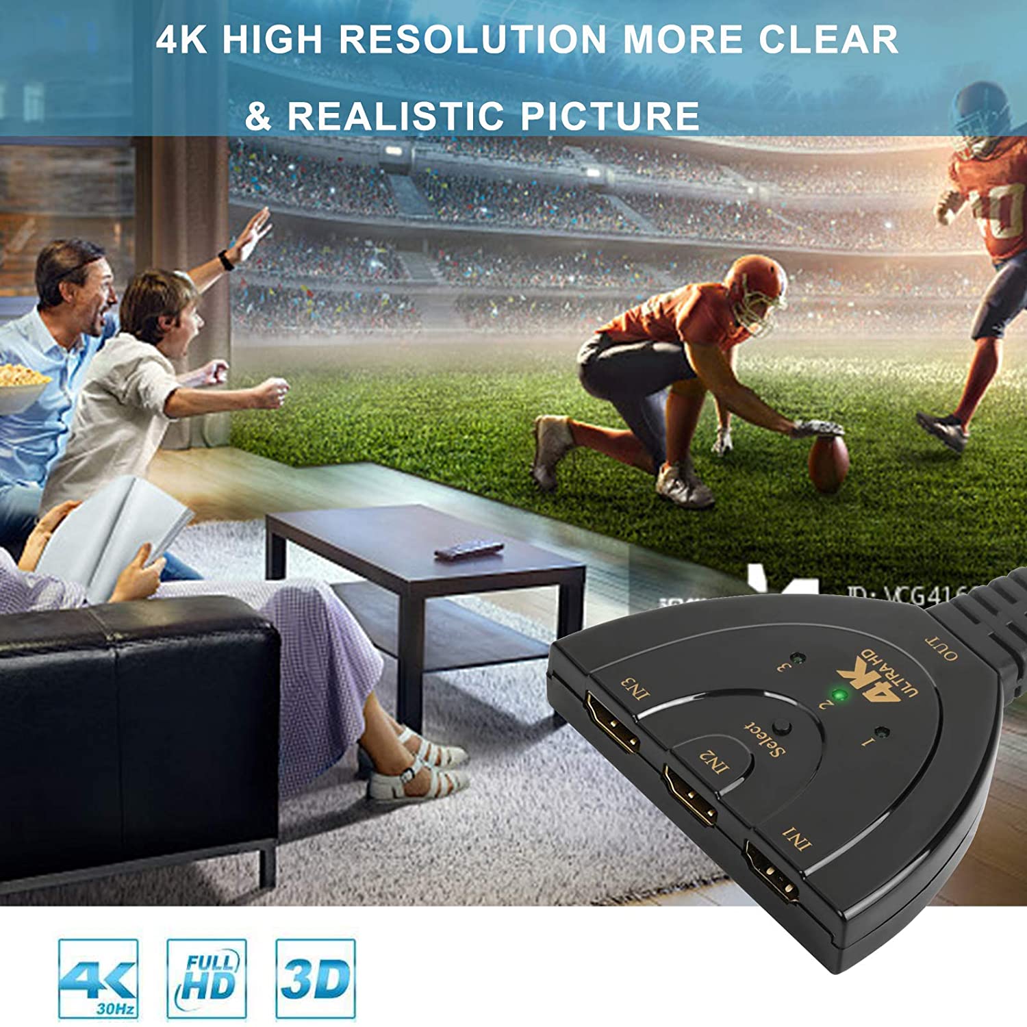 HDMI Switch 4K, Rybozen 3 Port HDMI Switcher 3 in 1 Out HDMI Splitter with High Speed Pigtail Cable,Supports Full HD 1080P 3D Player,for Xbox PS4 Roku Blu-Ray Player HDTV