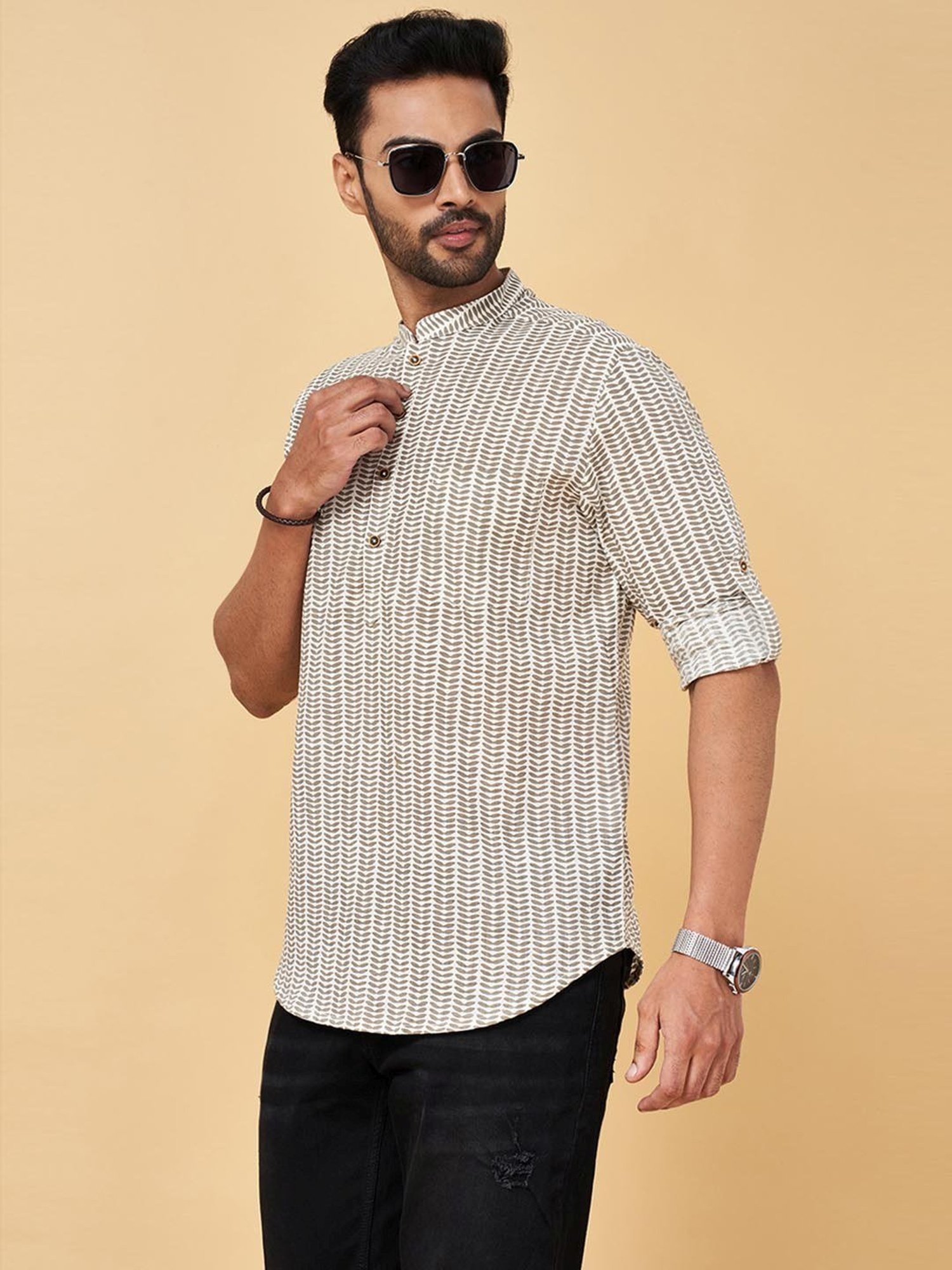 Indus Route by Pantaloons Grey Cotton Regular Fit Printed Short Kurta