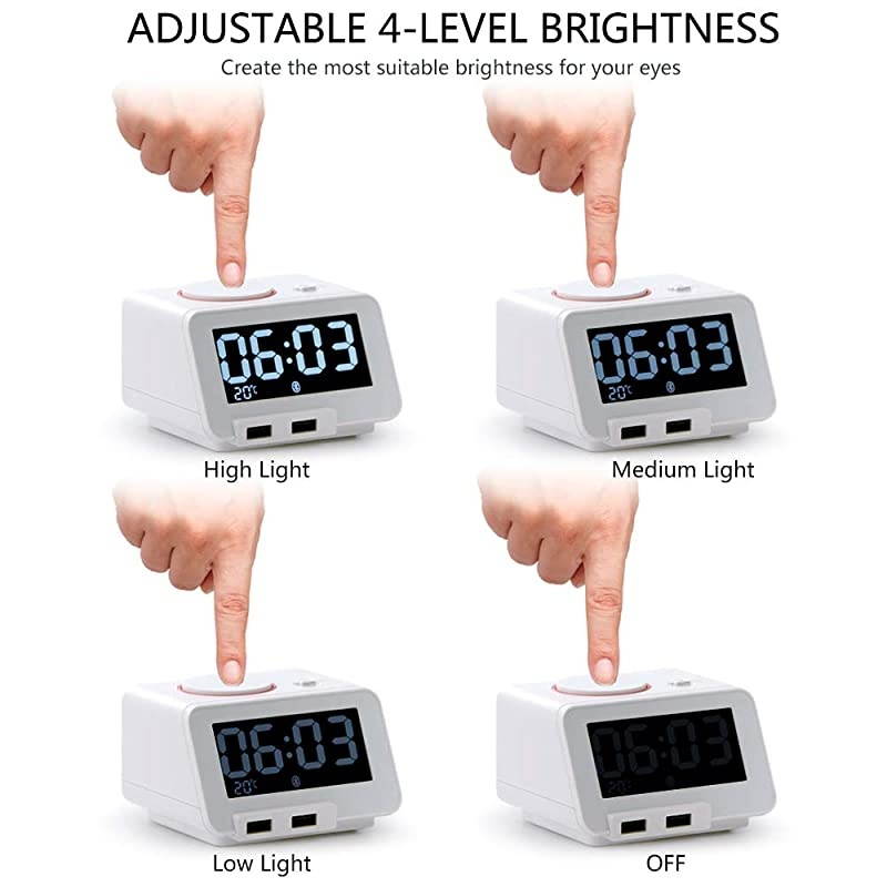 Upgraded Version]  Alarm Clock for Bedrooms with Bluetooth Speaker, 2-Port Universal USB Charger, Large 4 Level Dimmable LCD Screen, Snooze &ndash; White