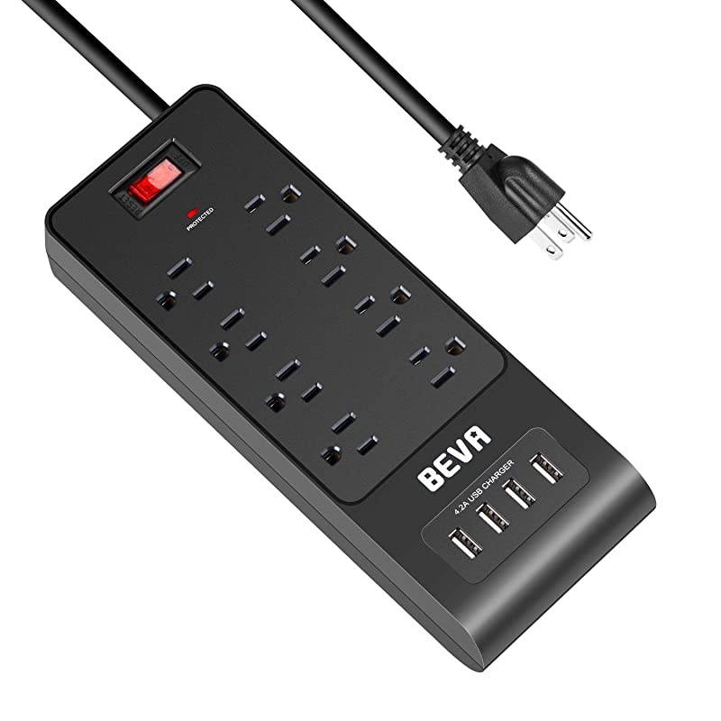 Protector Power Strip with USB Ports, 4 USB 8 Outlets Mountable Power Strip with 6 FT Long Extension Cord, 1875W/ 15A, 300 Joules, for Smartphone Tablets Home,Office & Hotel- Black