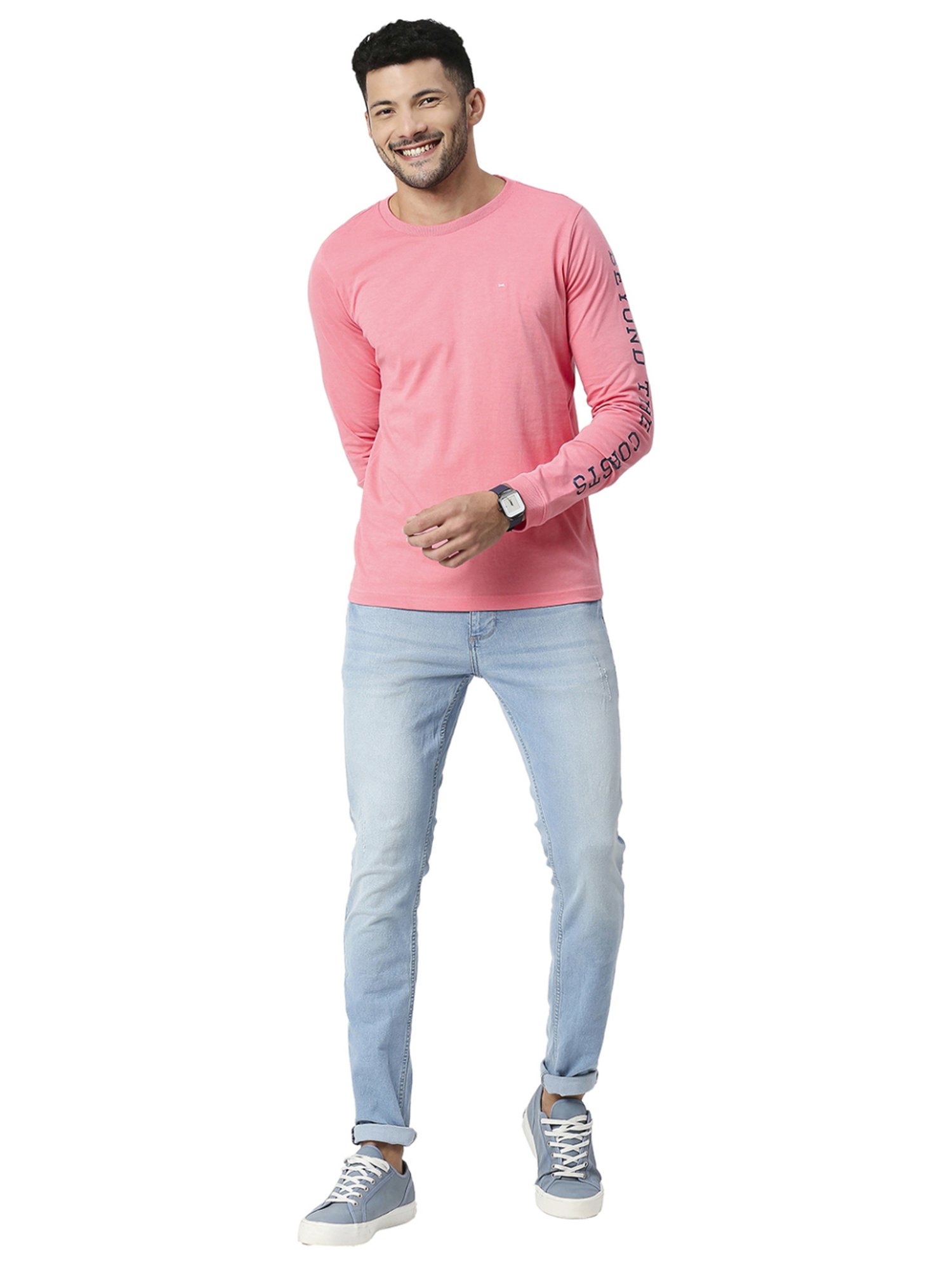 Basics Pink Slim Fit Printed T-Shirt