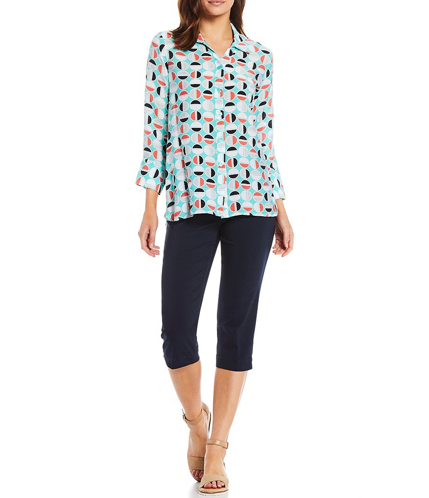 Multiples Circle Print Crinkle Woven Long Sleeve Button Down Hi-Low Shirt