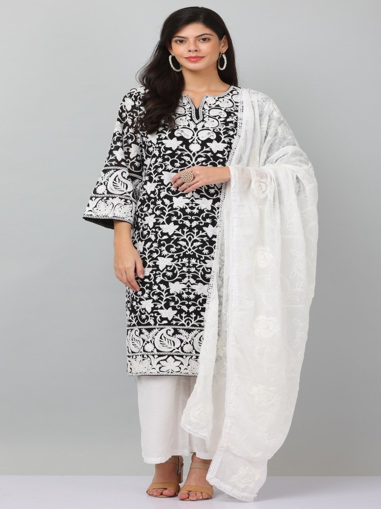 Kaanchie Nanggia Black Georget Embroidered Kurta Dupatta with Pant