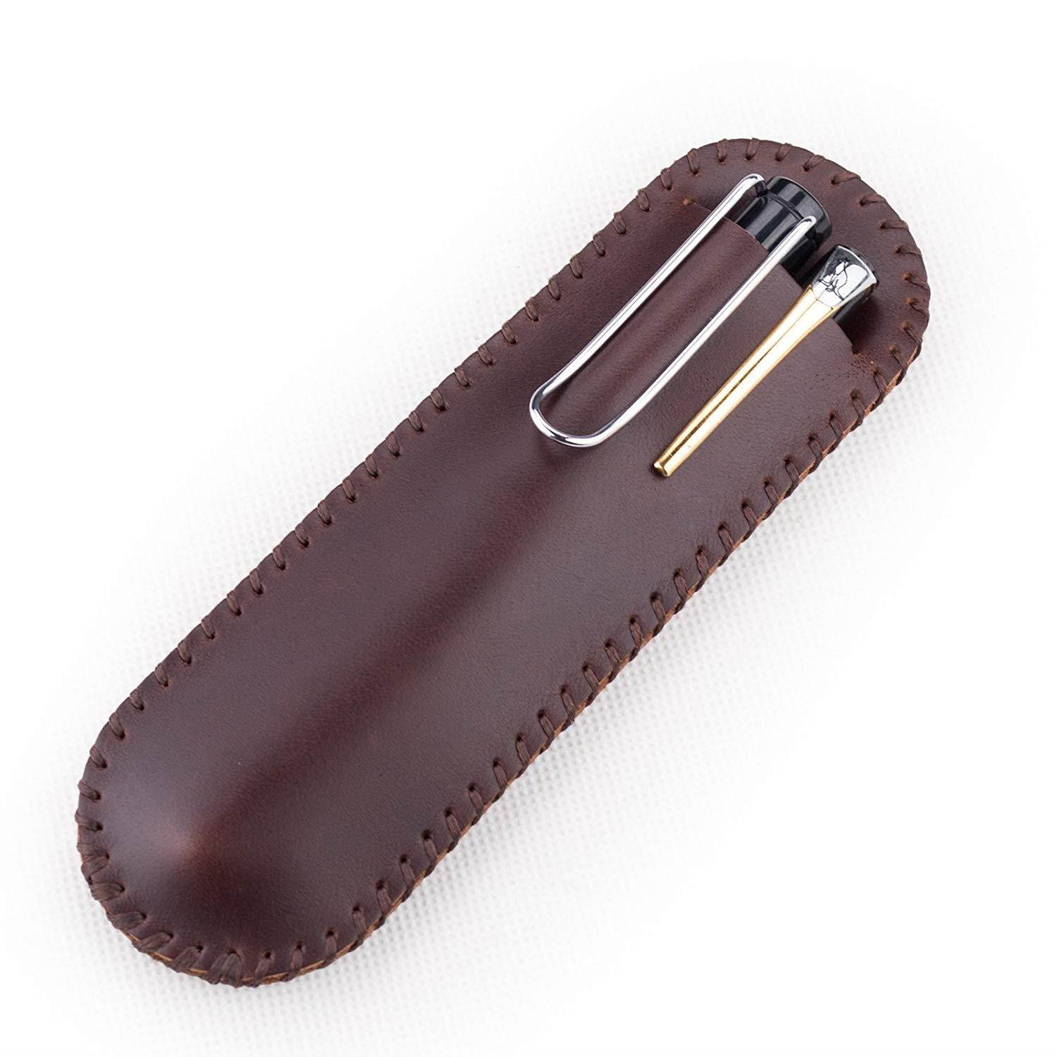 Ancicraft Genuine Leather Pen Sleeve Case Holder Pouch Handmade (For Single or Double Pens, Dark Coffee)