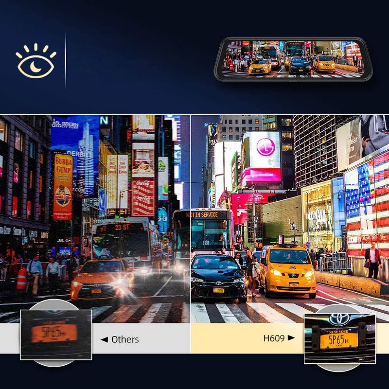 VanTop H609 Dual 1080P Mirror Dash Cam with 10" IPS Touch Screen Rear View Camera, Night Vision, Parking Monitor