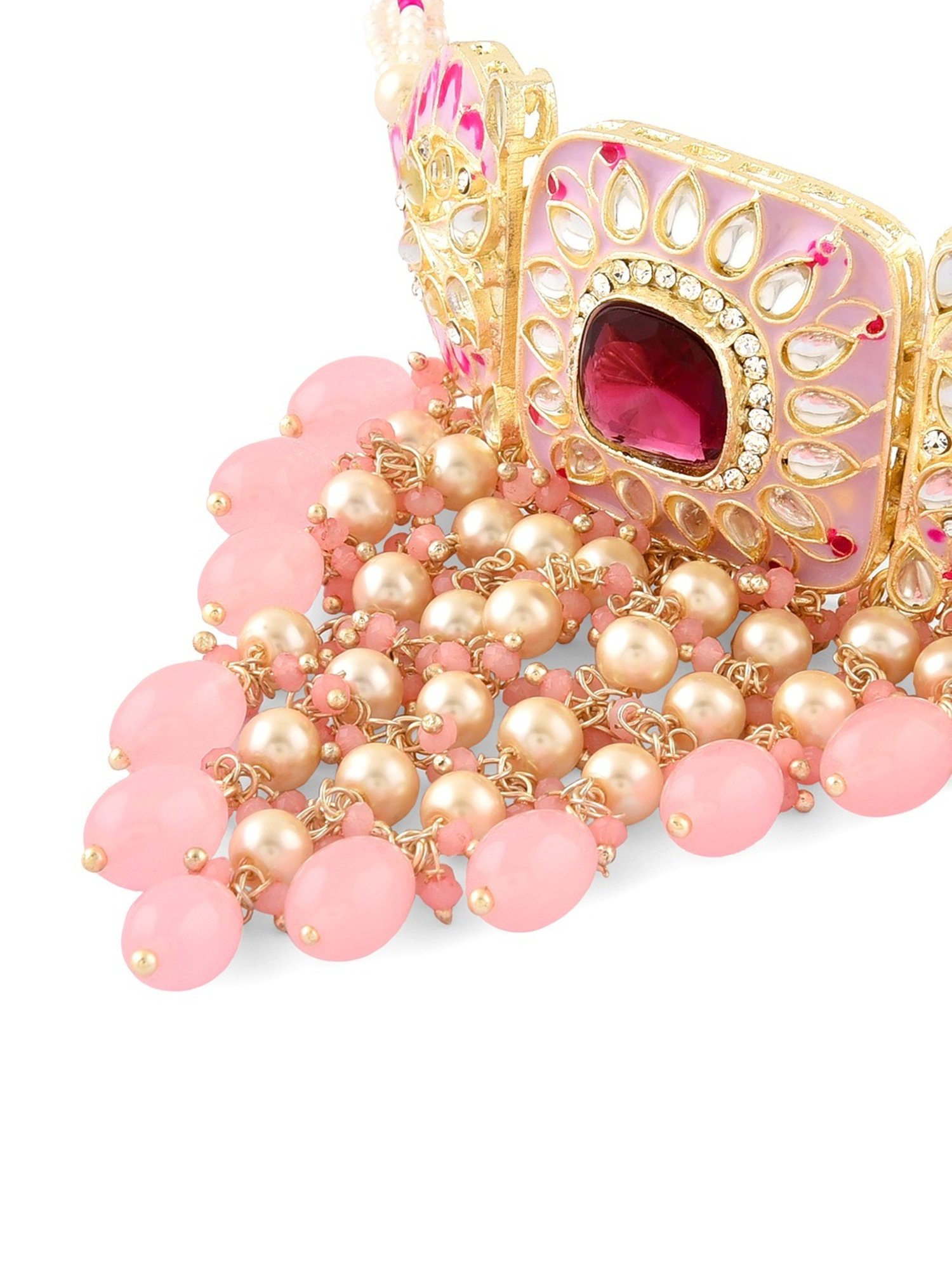 Zaveri Pearls Pink Meenakari Cascading Waterfall Choker Necklace Earring & Ring Set-ZPFK15895