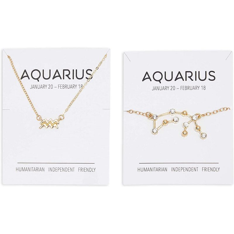 Zodaca 2 Piece Aquarius Zodiac Necklace and Bracelet Jewelry Set for Women, Gold