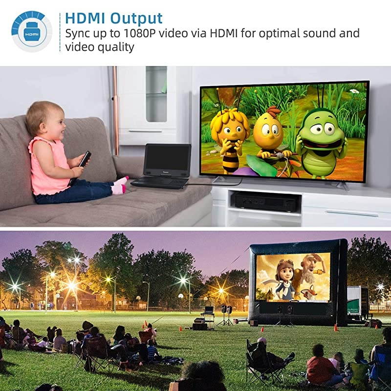 14" Portable Blu-Ray DVD Player with 1920X1080 HD Large Screen, 4000mAh Rechargeable Battery, Support HDMI in/Out, USB/SD Card Reader, MP4 Video Playback (HDMI Cable Included)