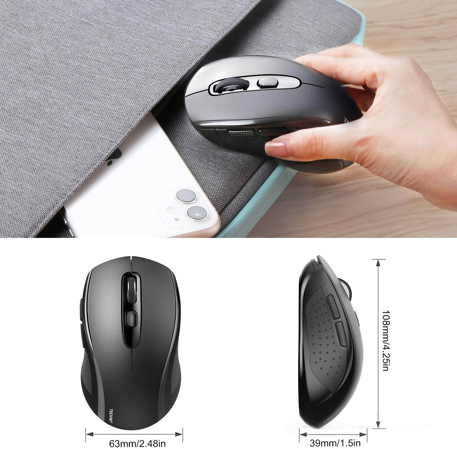 Bluetooth Wireless Mouse, TeckNet 3 Modes Bluetooth 5.0 & 3.0 Mouse 2.4G Wireless Portable Optical Mouse with USB Nano Receiver, 2400 DPI for Laptop, MacBook, PC, Windows, Android, OS System (Black)